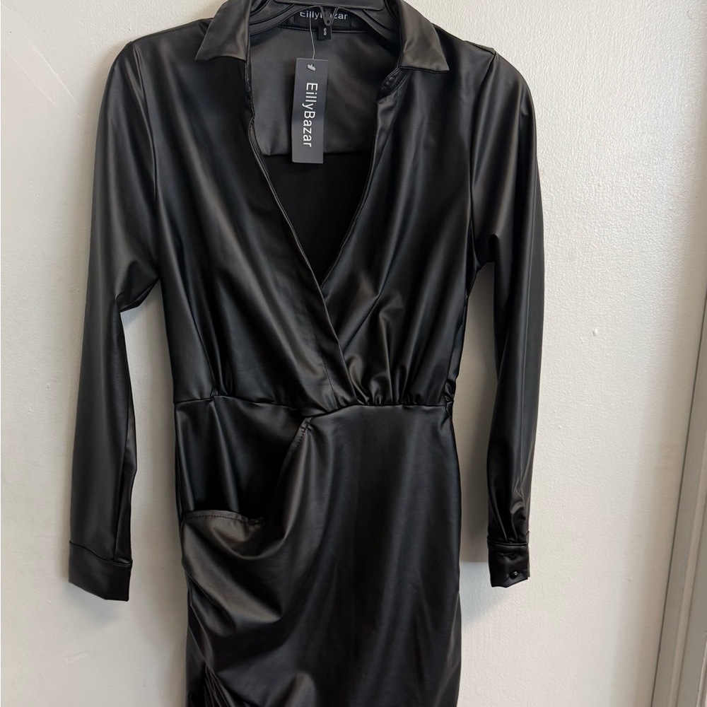 EllyBazar Black Satin Wrap Dress